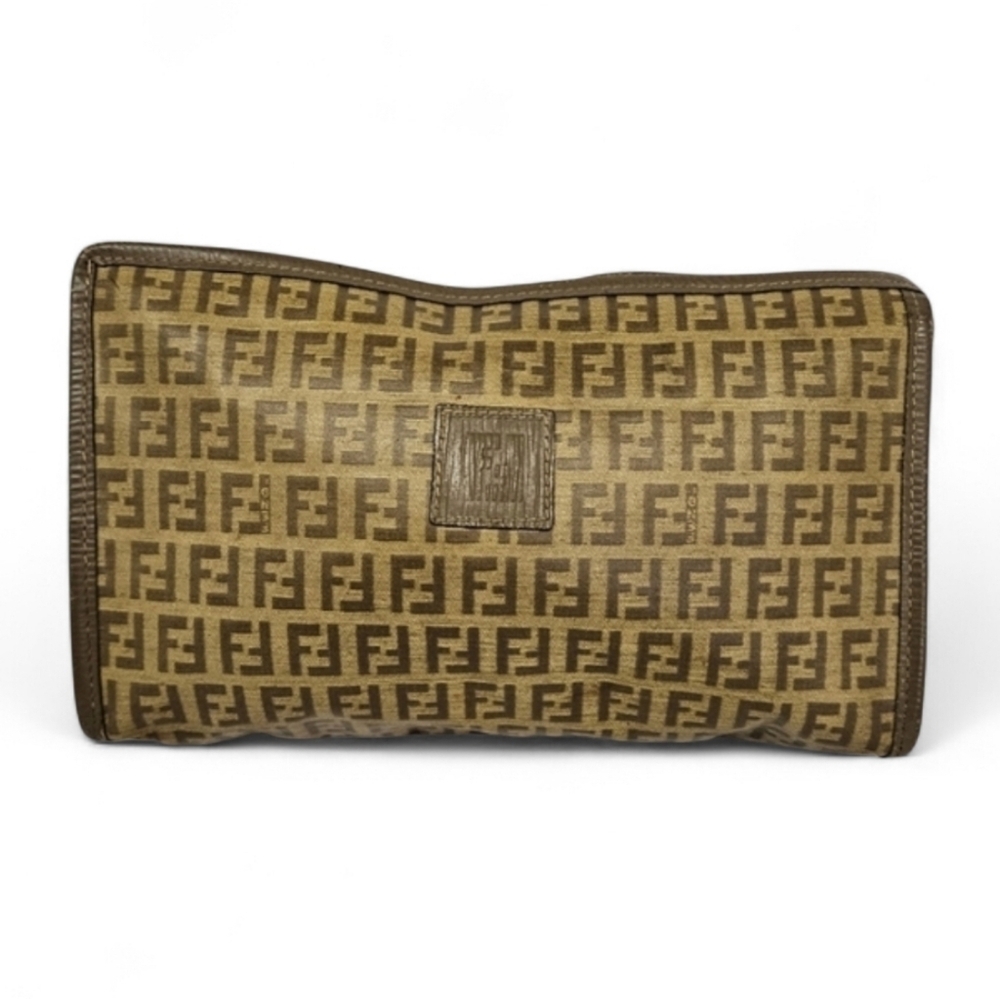 Fendi Zucca Monogram Canvas And Leather Zippered Cluch Bag In Camel And Brown